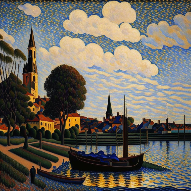 Riverside village painting with church, houses, boat, and patterned sky