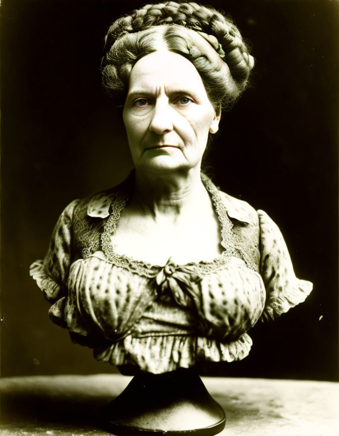 Vintage Black-and-White Portrait of Stern Elderly Woman with Bun Hairstyle