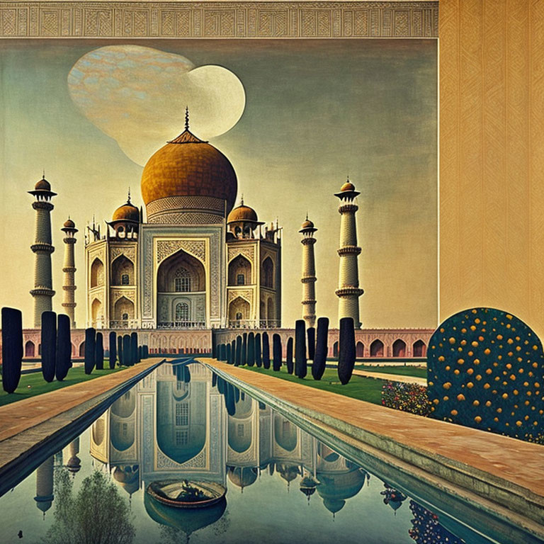 Illustration of Taj Mahal with stylized full moon and reflection in waterway