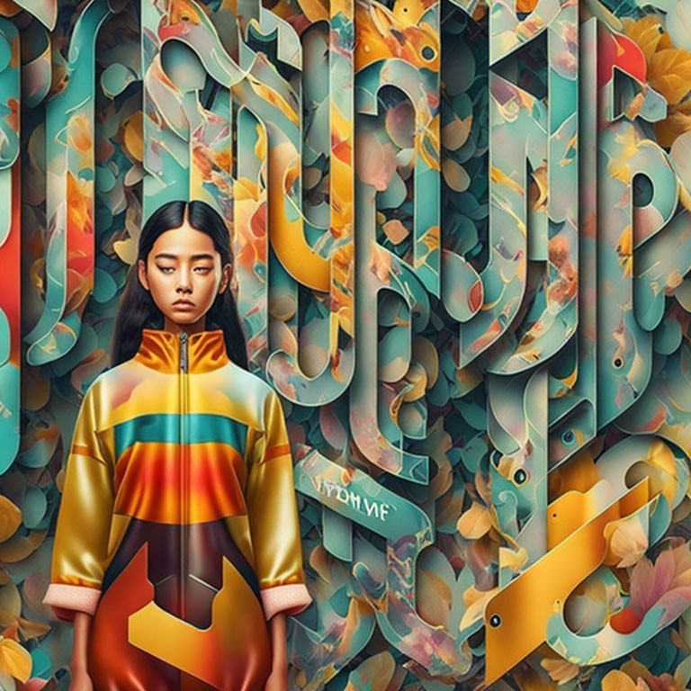 Colorful Outfit Woman in Front of 3D Letters and Autumn Leaves Pattern