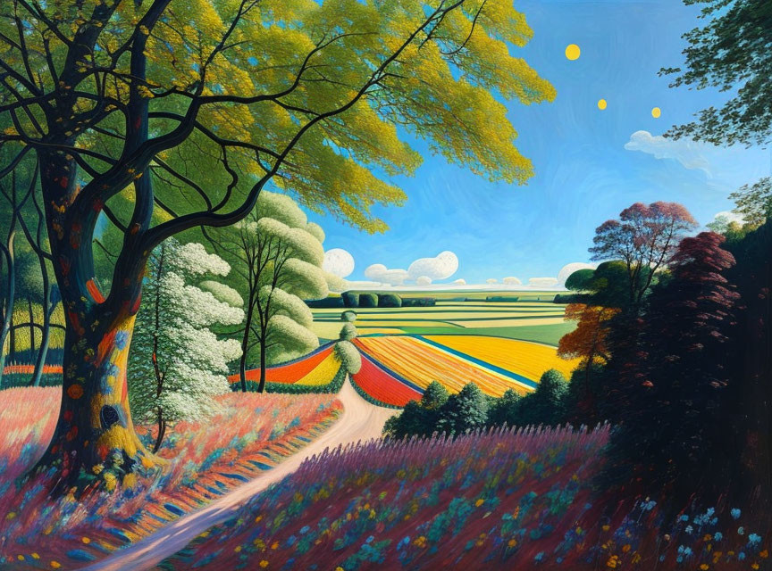 Colorful landscape painting: tree-lined road, patterned fields, blue sky