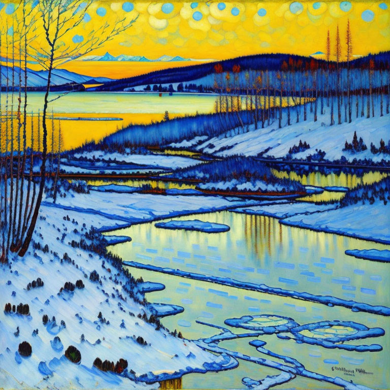 Colorful Winter Landscape Painting with River and Trees