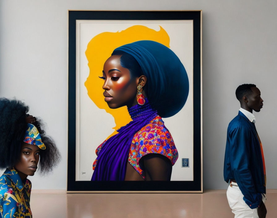 Portrait of a woman in vibrant blue headwrap and colorful attire observed by two individuals