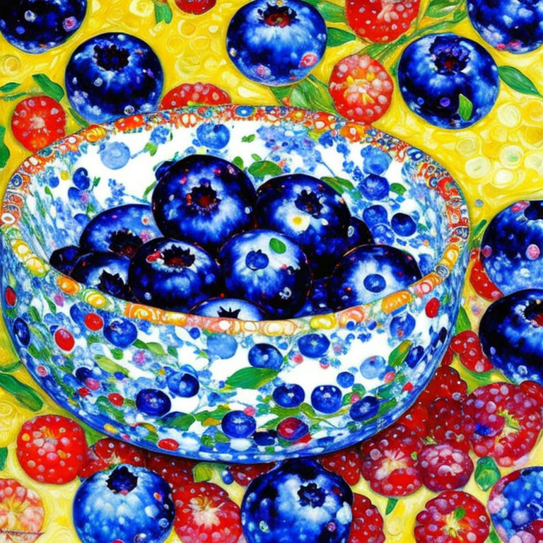 Vibrant painting of blueberries in a bowl on yellow floral backdrop