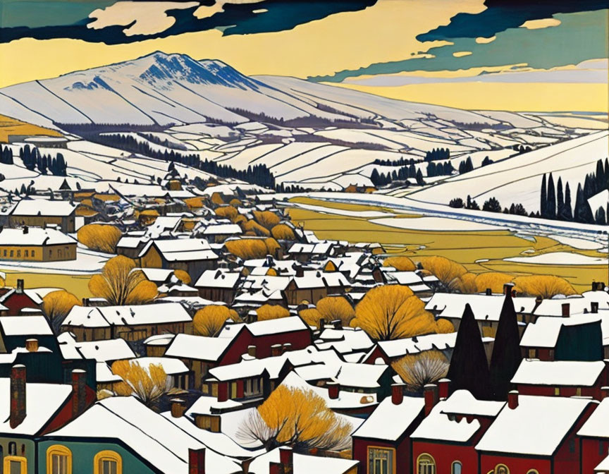 Snow-covered village painting with yellow trees, red-roofed houses, and mountain backdrop