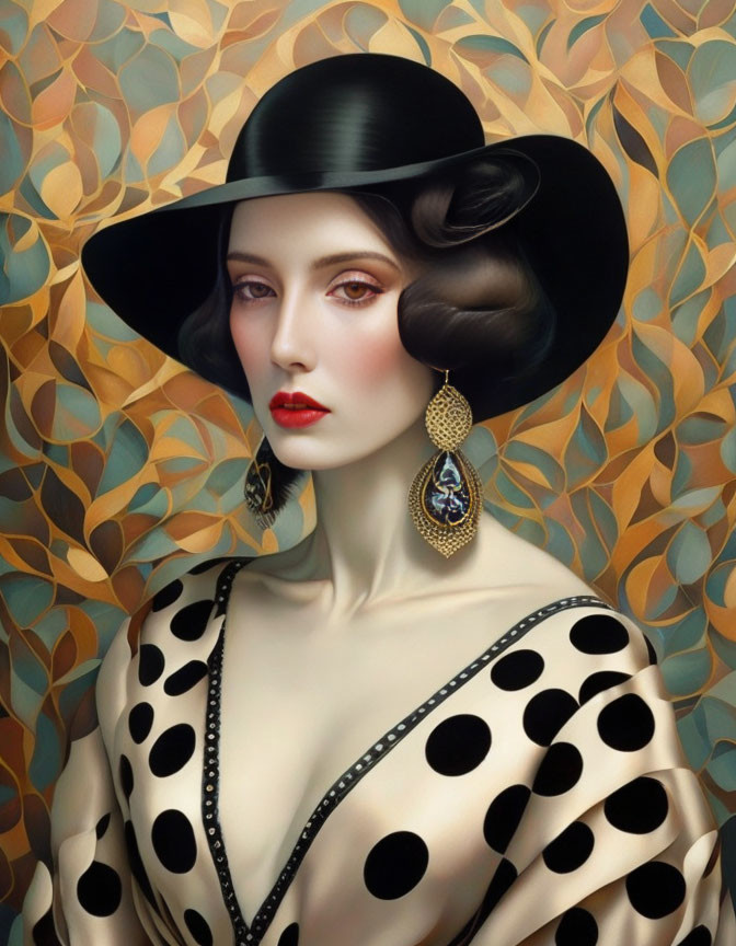 Stylish woman in wide-brimmed hat and polka dot attire on leaf-patterned backdrop