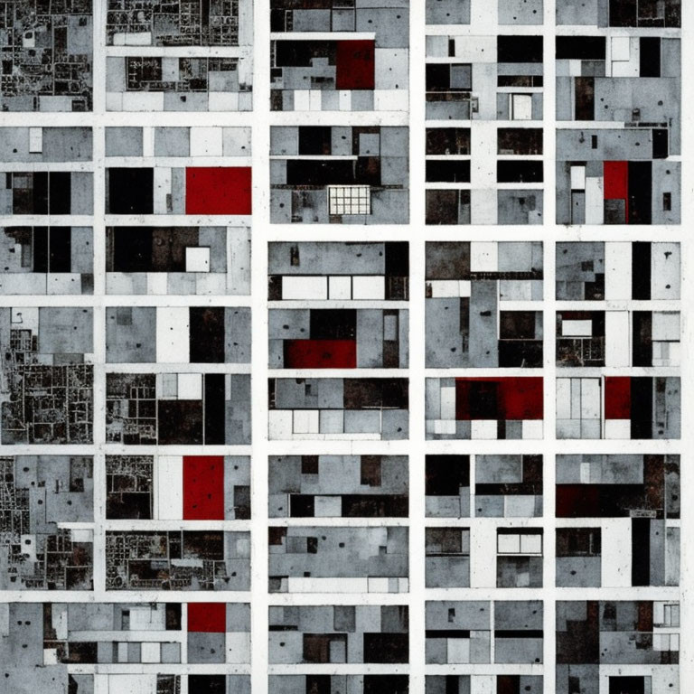 Abstract Gray, White, and Red Textured Squares Grid Artwork