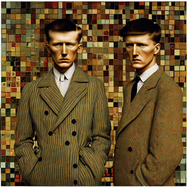 Identical Figures in Vintage Suits Against Mosaic Background