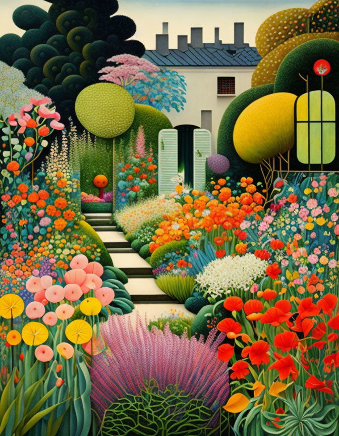 Colorful Flower Garden Leading to Green Door in Vibrant Painting