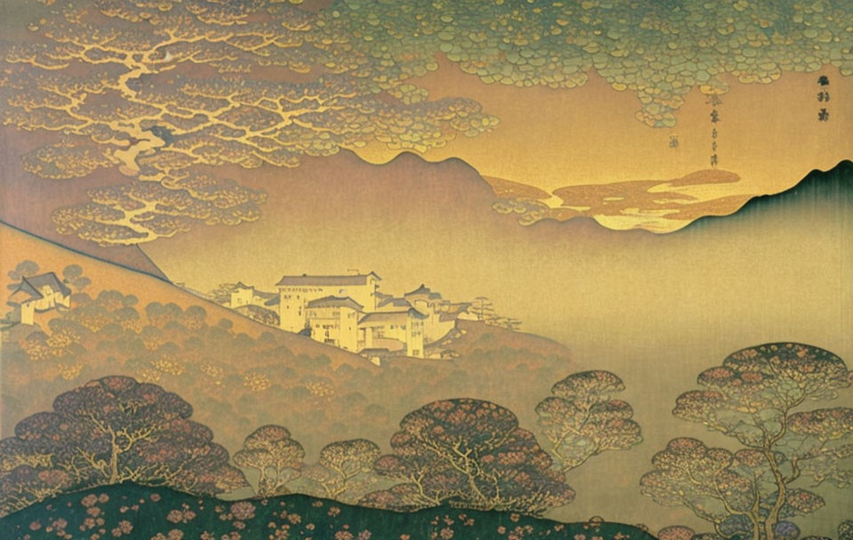 Serene Japanese ukiyo-e style artwork of village landscape