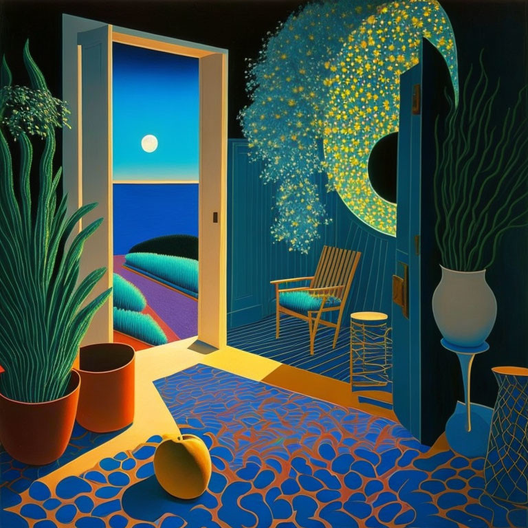 Vibrant Artwork: Open door to moonlit sea balcony