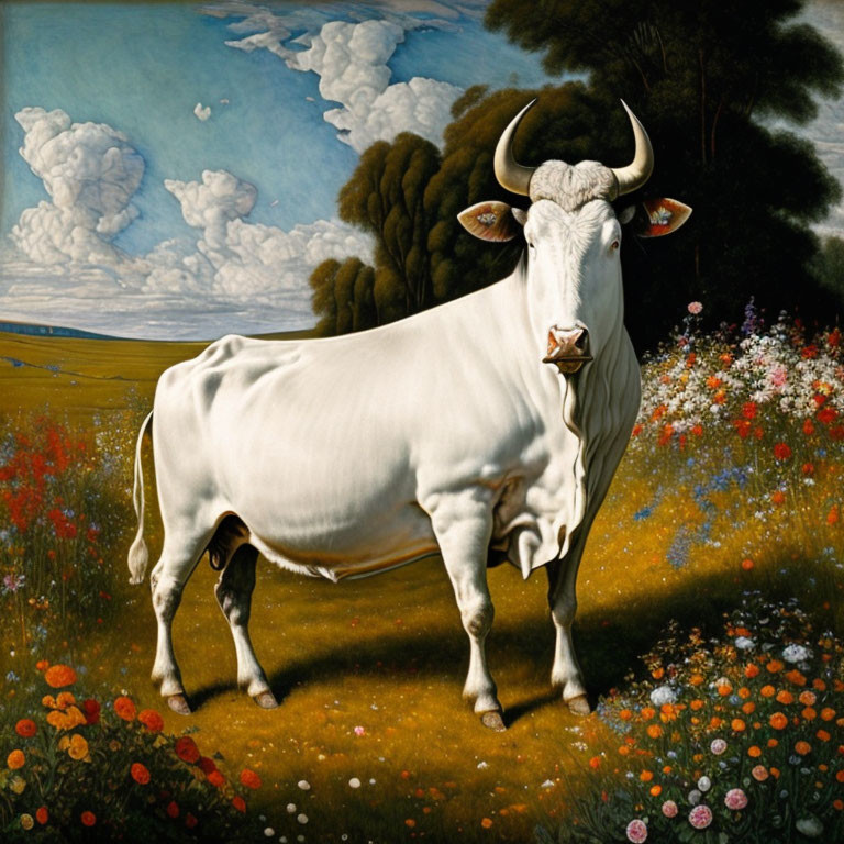 White Bull in Serene Meadow with Flowers and Blue Sky