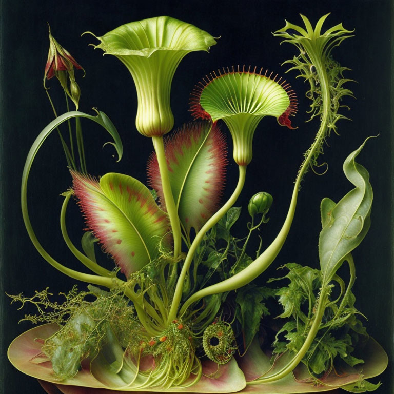 Detailed painting of carnivorous plants on dark background