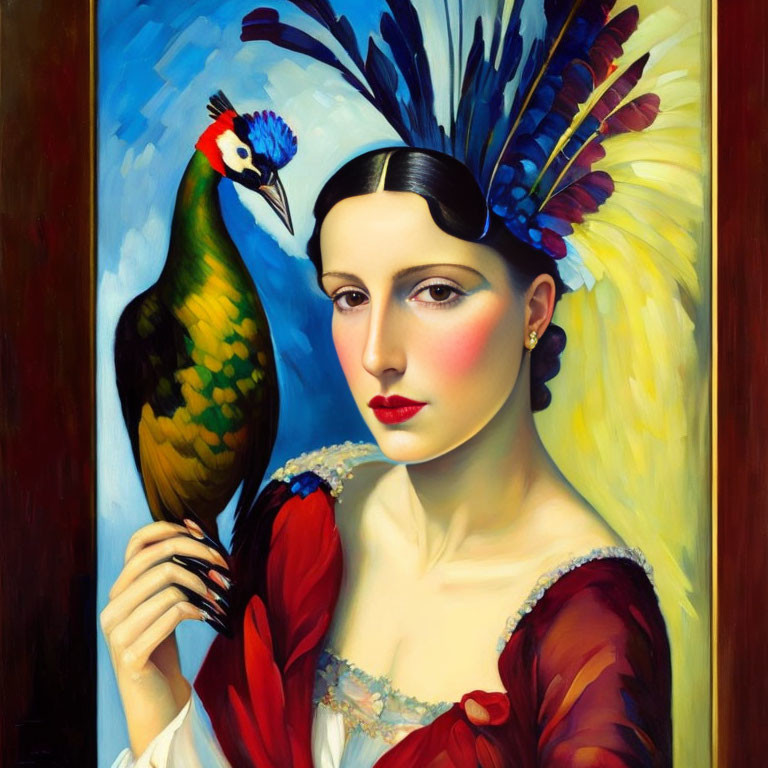 Woman with Peacock Feather Adornment Holding Colorful Bird on Yellow and Red Background