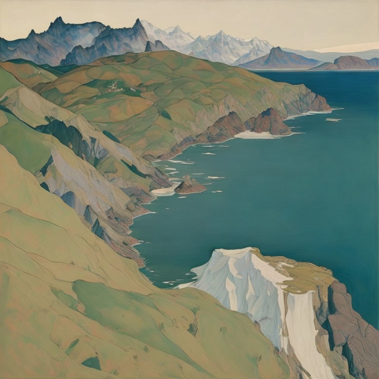 Tranquil coastal scene: green hills, cliffs, snowy mountains, calm sea