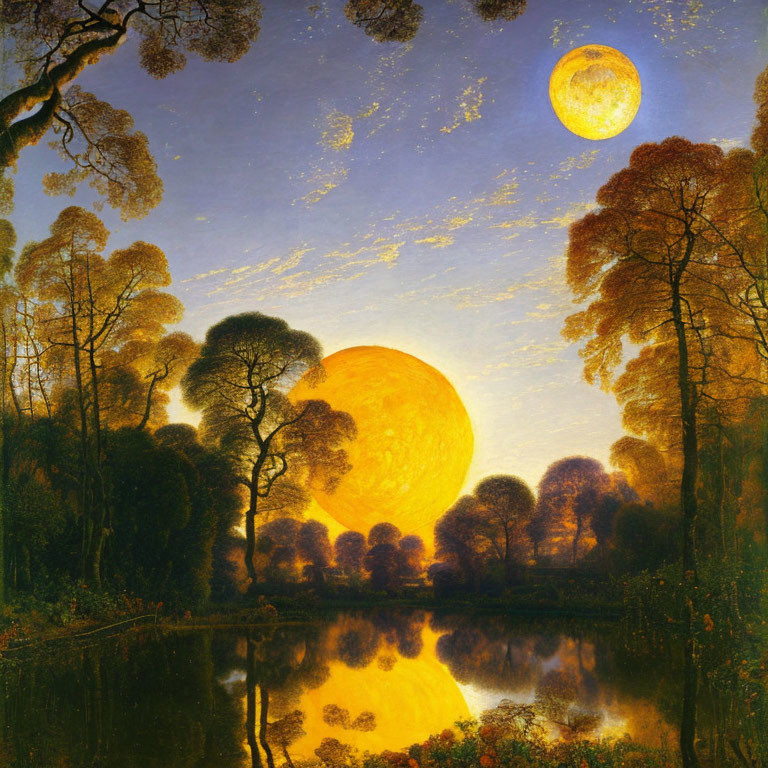 Full Moon Painting: Vibrant Sky & Tranquil Water Scene