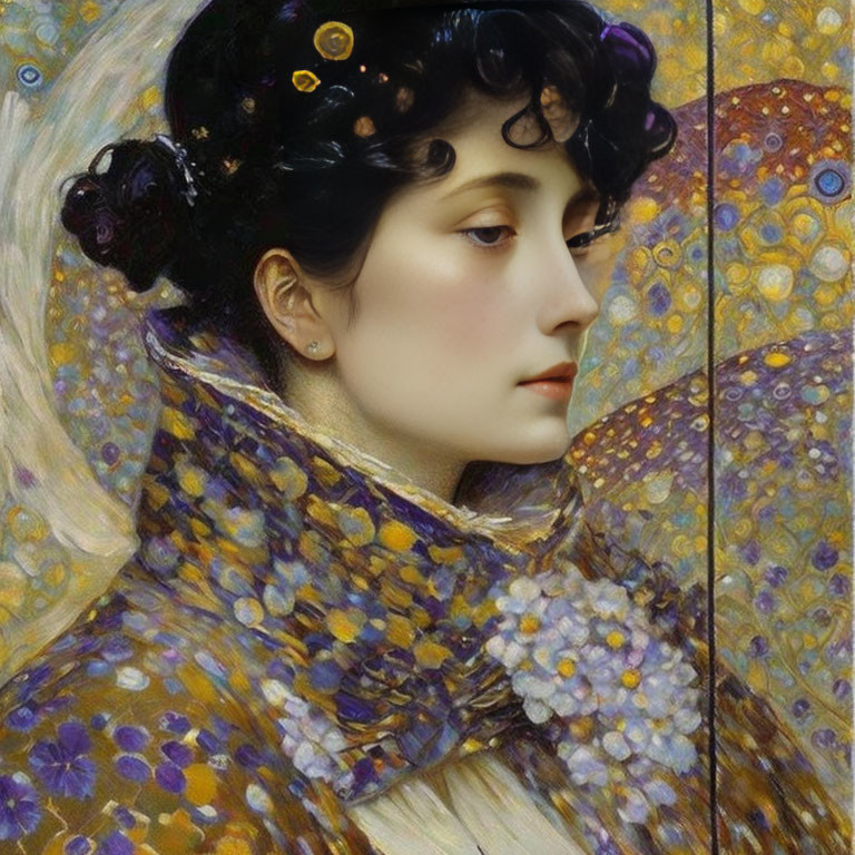 Portrait of Woman with Pale Skin and Dark Hair in Golden Shawl