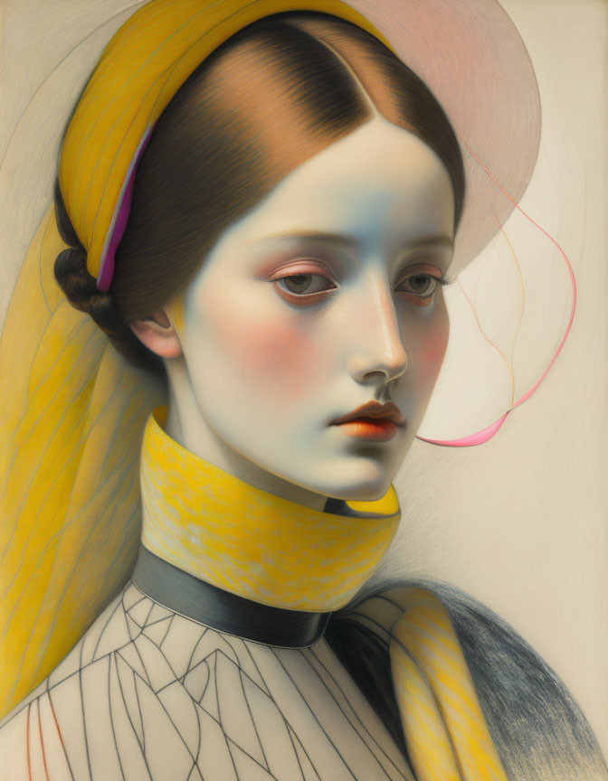 Illustrated female portrait with yellow headscarf and collar, multicolored shadows.