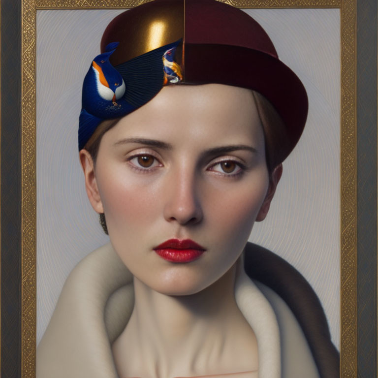 Portrait of Woman with Fair Skin, Red Lipstick, Red & Blue Hat, Bird Decoration on Golden