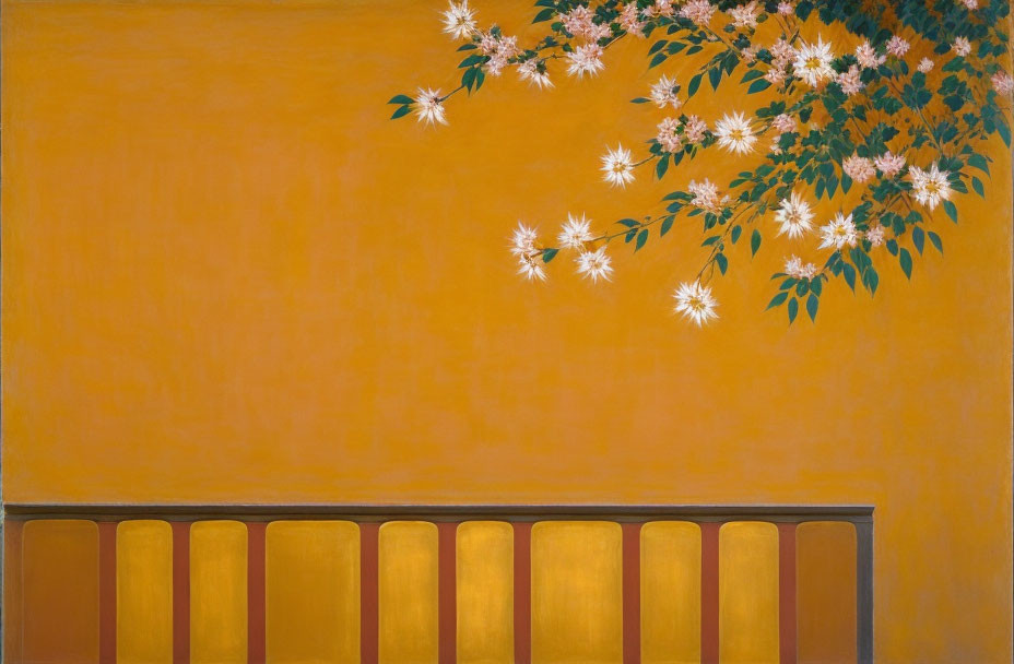 Branch with white flowers on warm orange background with gold balustrade