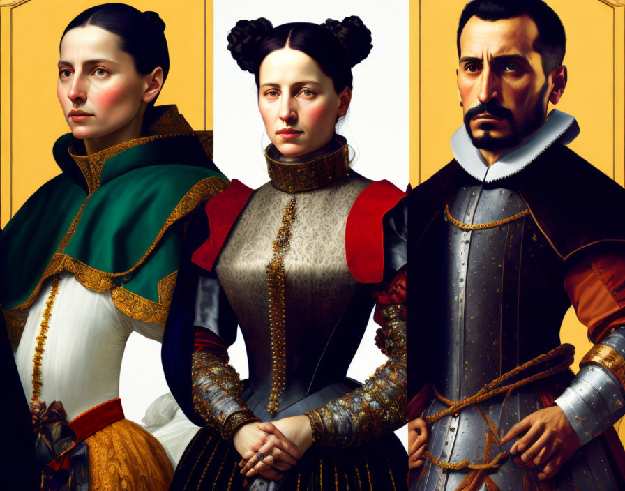 Three individuals in Renaissance-style attire with detailed armor and elegant garments on a golden backdrop