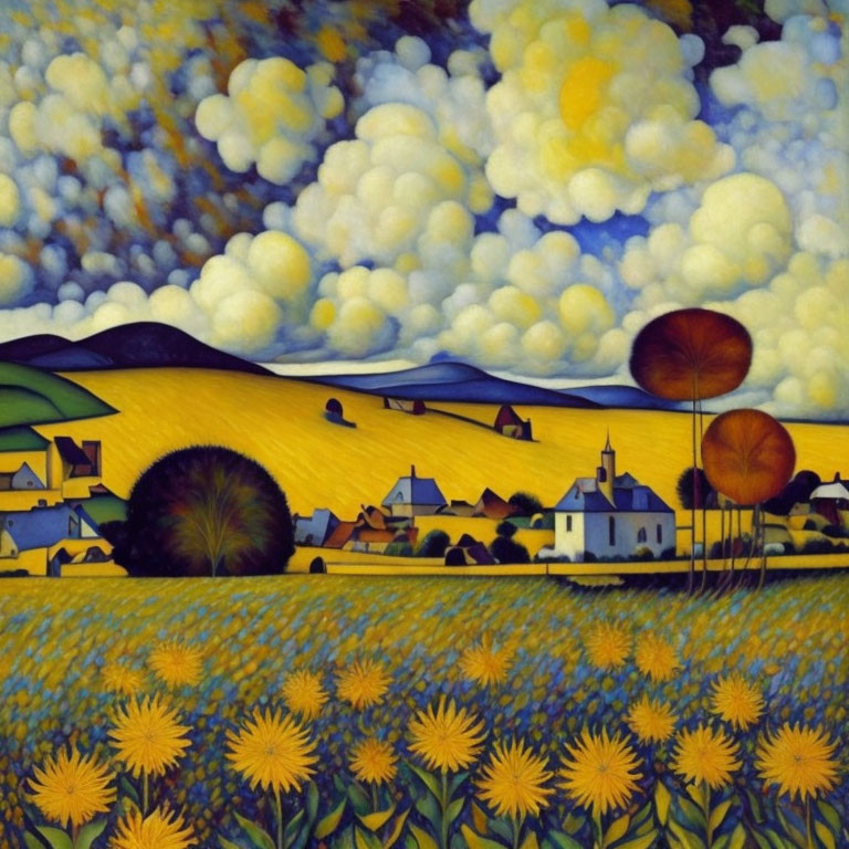 Colorful rural landscape with sunflowers, village, trees, and dynamic sky