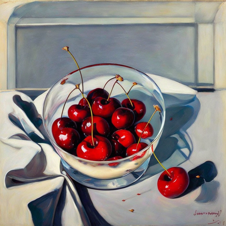 Realistic painting of shiny red cherries in glass bowl on white surface