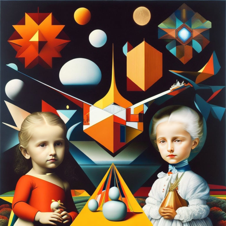 Surreal painting of two children amid vibrant colors