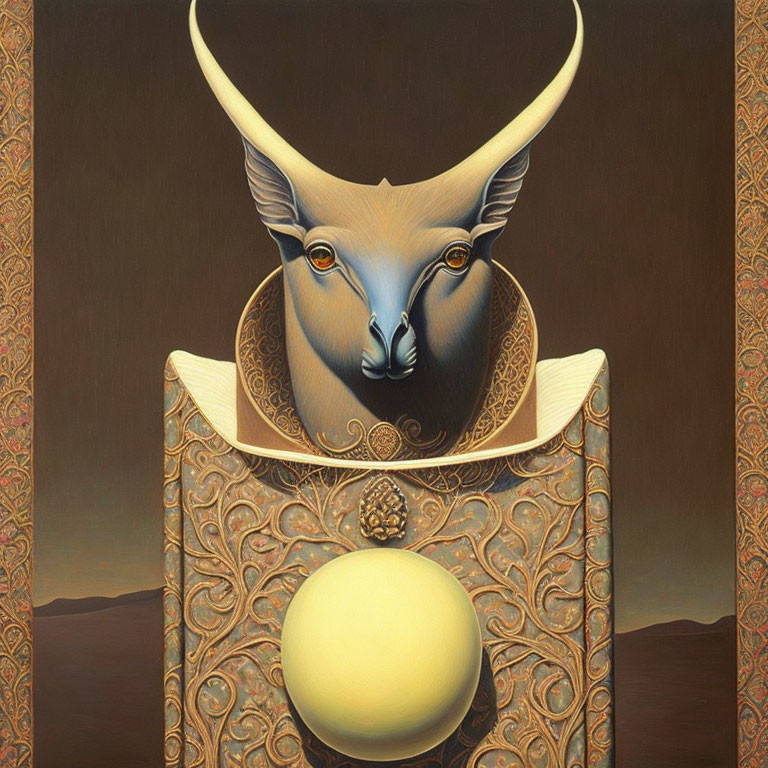 Anthropomorphic bull in ornate attire with golden orb in surreal desert setting