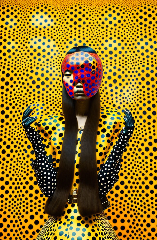 Faceless person in patterned outfit against polka-dotted background