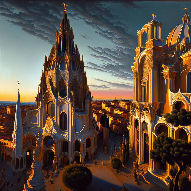 Intricate Gothic-style cathedral and classic dome structure under dramatic sunset sky