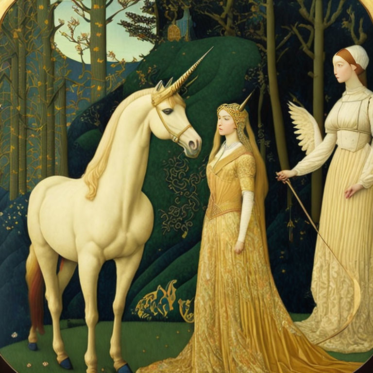 Medieval-style painting: Woman in golden dress with unicorn on leash.