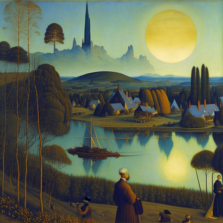 Stylized painting of serene village at sunset with oversized moon and fantastical spire