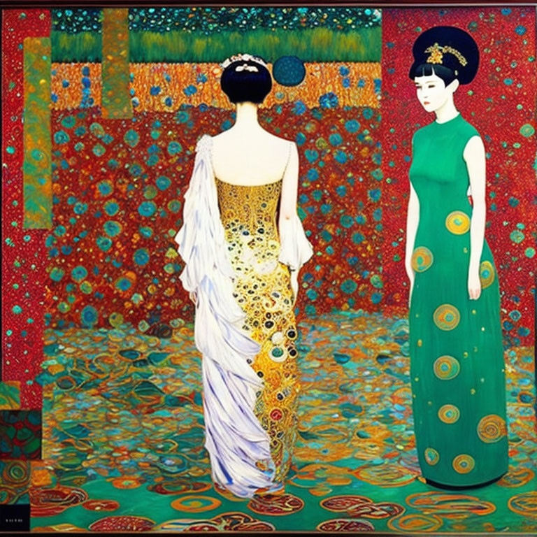 Two women in Art Nouveau style dresses in vibrant, ornate room