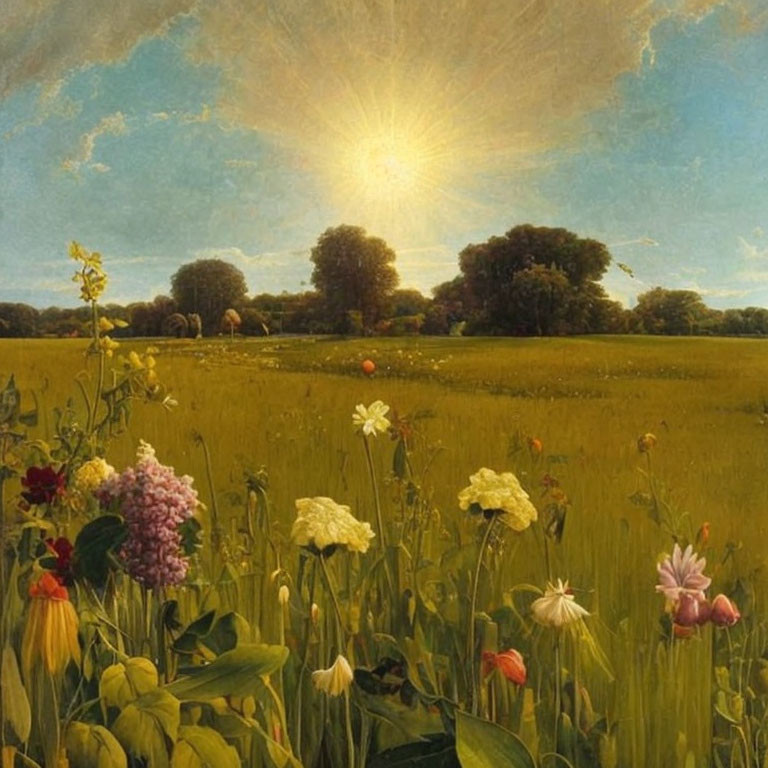 Sunlit field with vibrant flowers and lush trees under radiant sunset sky