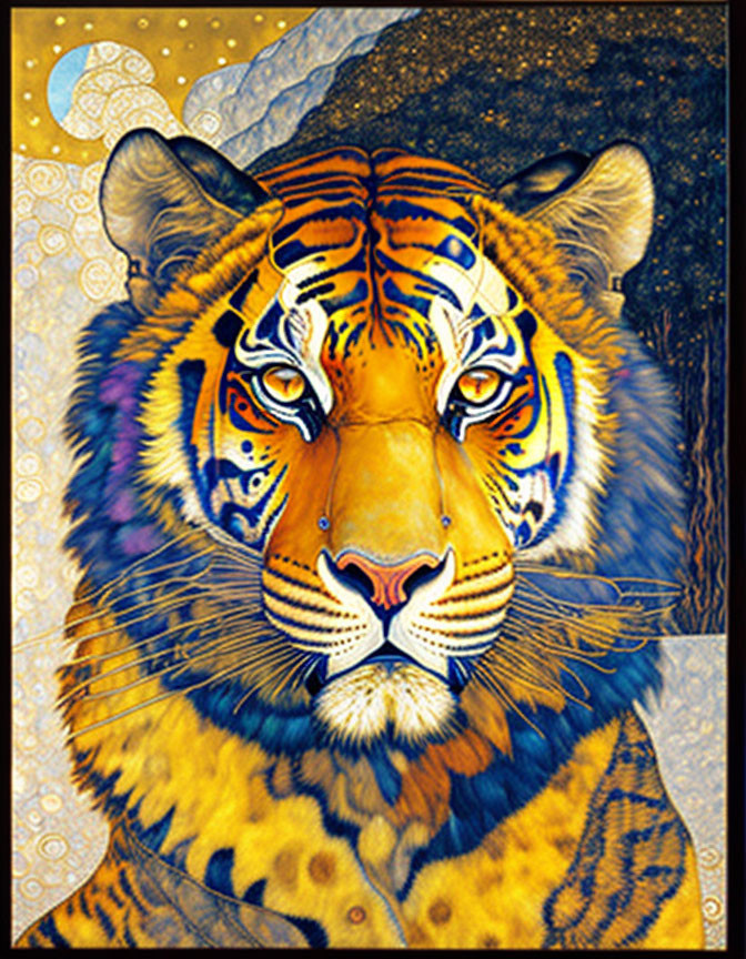 Stylized tiger face painting with cosmic backdrop