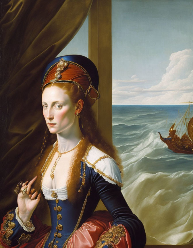 Classical portrait of a woman in blue and gold dress by window with sea view