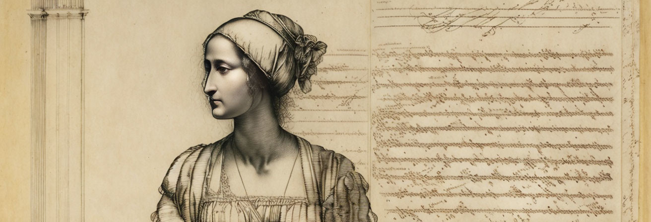 Vintage sketch of woman in headscarf & period clothing on aged paper with artistic lines & pillar.