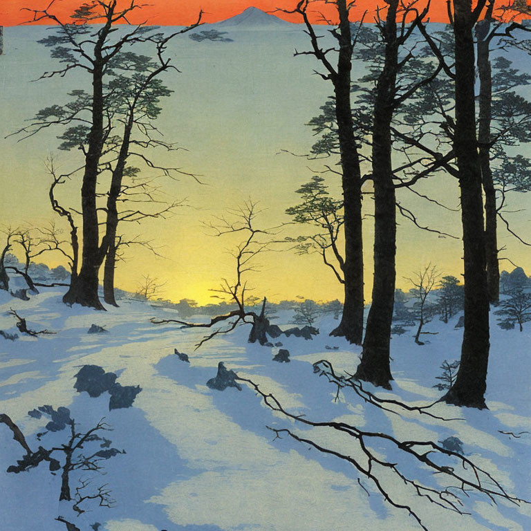 Snowy Twilight Landscape with Bare Trees, Setting Sun, and Distant Mountain