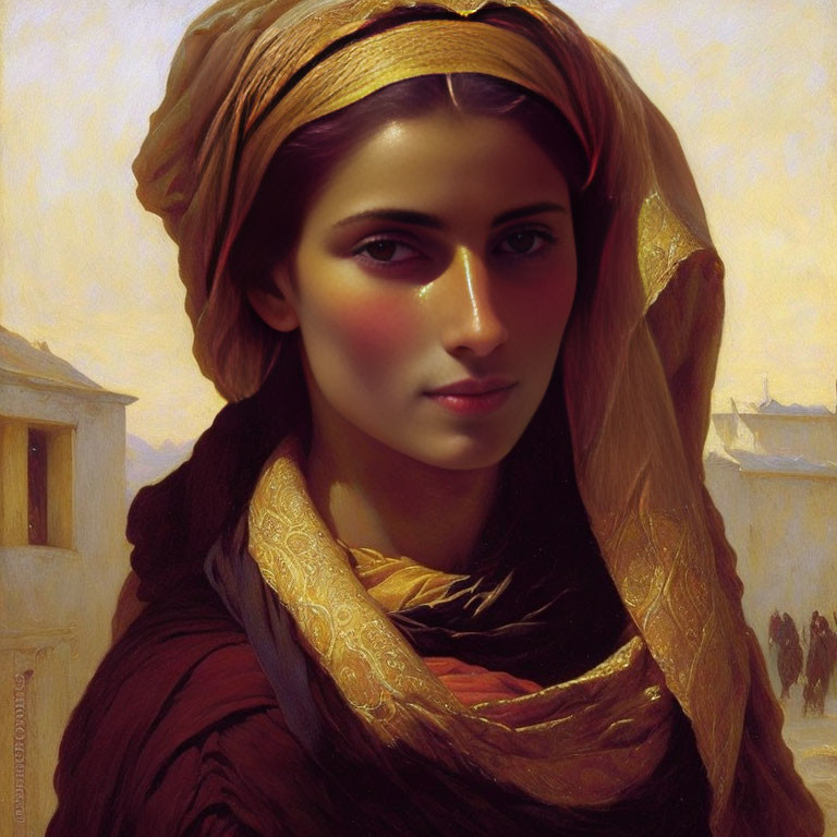 Portrait of Woman in Headscarf Radiating Grace and Mystery