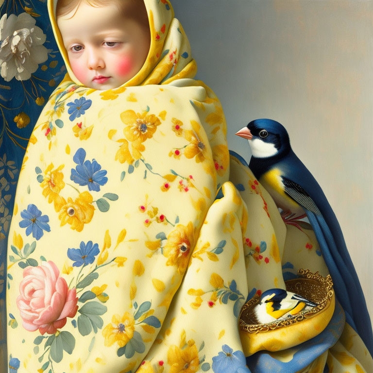 Child in yellow floral shawl gazes with bird on golden object