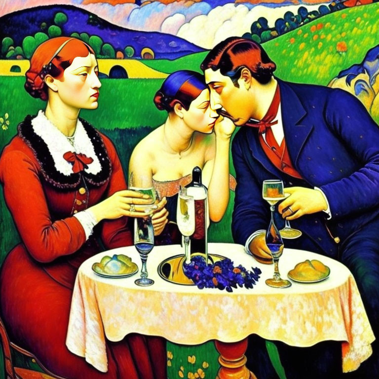 Colorful painting: Three people at a table with rolling landscape