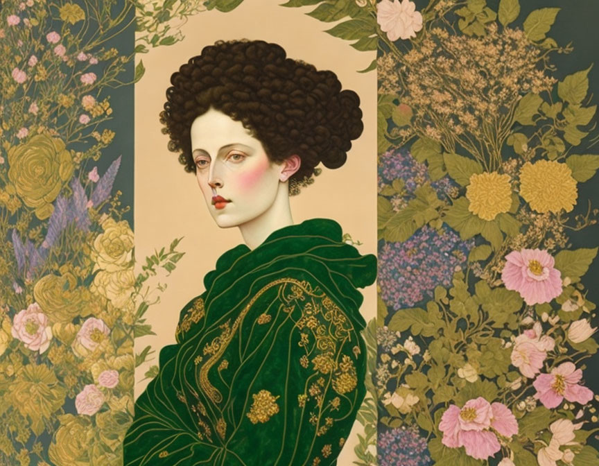 Stylized portrait of woman with curly afro and green jacket on floral Art Nouveau background.