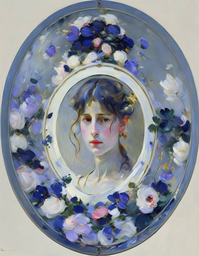 Oval painting of melancholic young woman's face in floral wreath