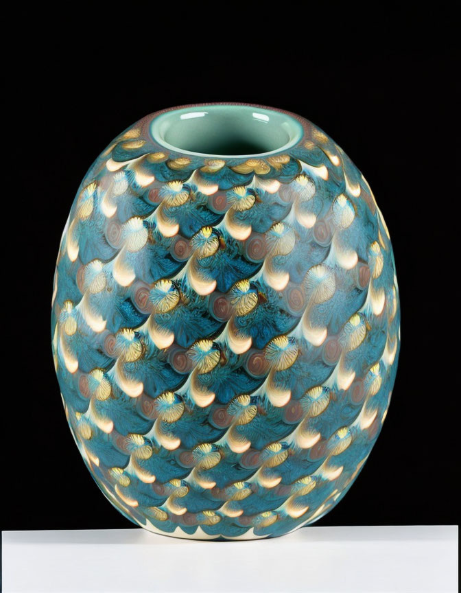 Turquoise and Gold Peacock Feather Pattern Glass Vase on Black Background