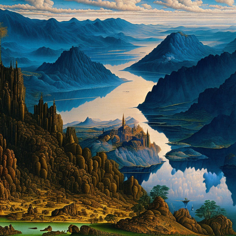 Fantastical landscape painting with spires, castles, mountains, and river