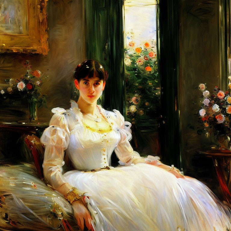 Young woman in white dress with lace, pearls, and gold bracelets by garden window