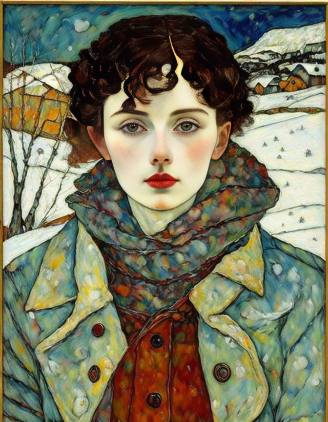 Portrait of a woman with dark curly hair and snowy landscape in Klimt-inspired art style