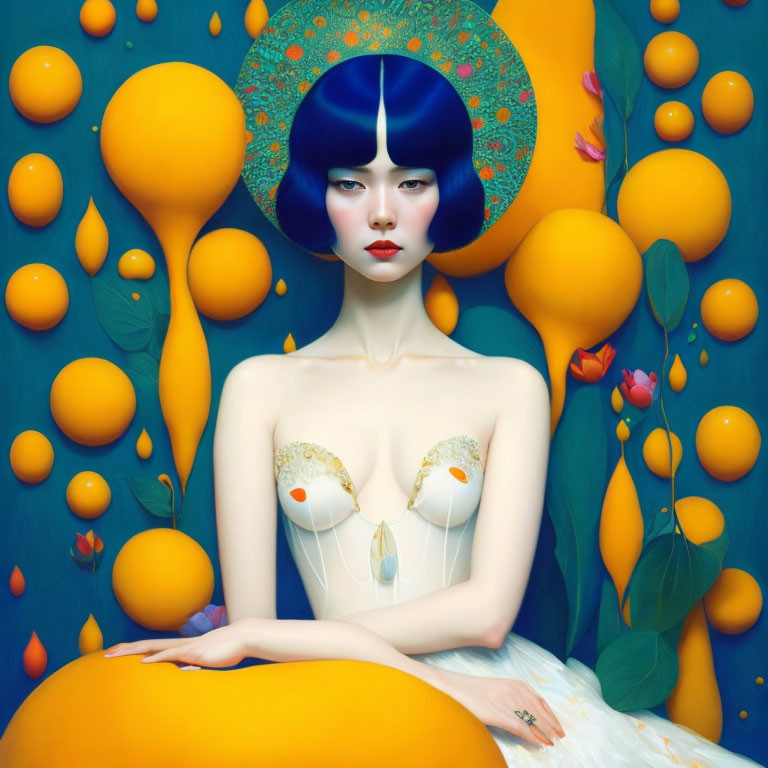 Surreal portrait: woman with blue hair, pale skin, orange-yellow orbs on blue background