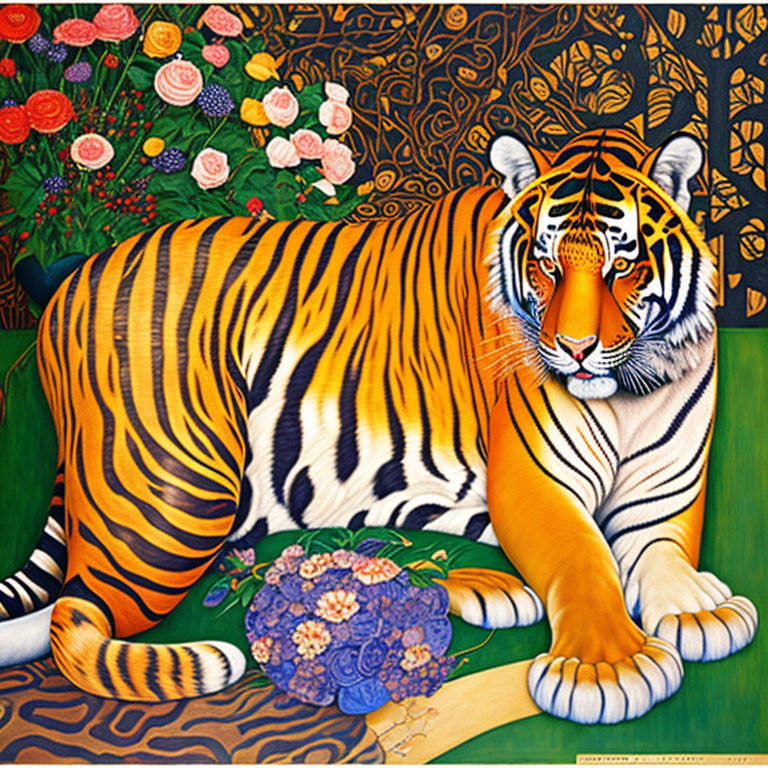 Colorful Tiger Painting with Floral Background